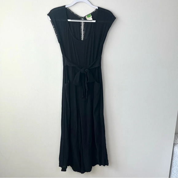 by Anthropologie Abbey Textured Wide Leg Cropped Belted Stretch Jumpsuit - Picture 2 of 7